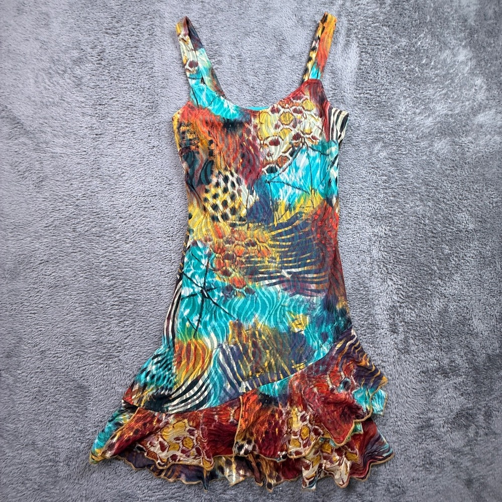 Bali Corp Sleeveless Boho Tropical Dress Womens 6 Lined Abstract Art Semi Sheer
